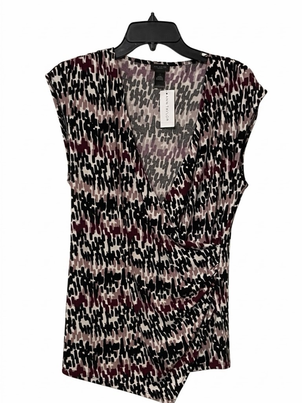 Ann Taylor V-Neck Faux-Wrap Print Top in Black, Taupe & Burgundy